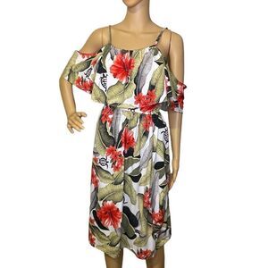 S&S Aloha Fashion Tropical MIDI Cold Shoulder Dress Green White Red Size XL